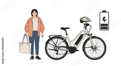A young woman stands with her reusable shopping bag next to a modern electric bicycle, complete with a helmet and battery icon, symbolizing eco-friendly commuting and an active urban lifestyle.