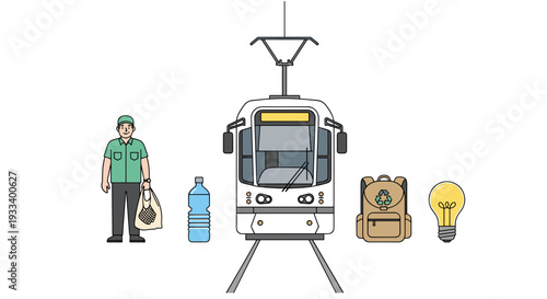 A man with a reusable shopping bag stands beside a modern tram, a water bottle, a backpack, and a lightbulb, representing sustainable urban living.