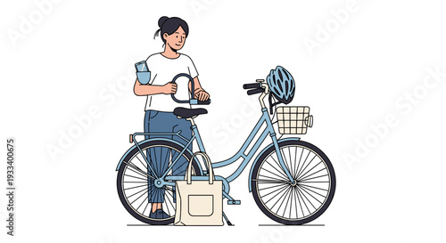 A woman prepares her bicycle for a trip, holding a bike lock and water bottle, with a basket and helmet nearby for a secure and hydrated ride.