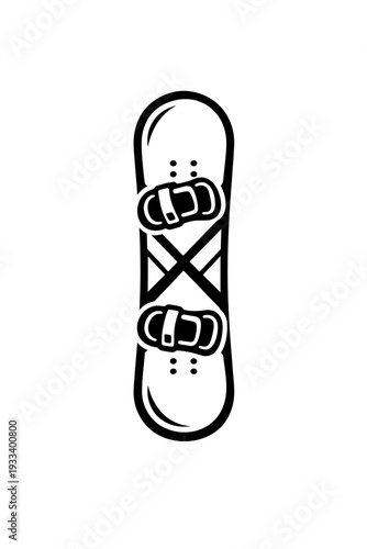 Dynamic black and white vector illustration of a snowboard with bindings, embodying the thrill of winter sports. This versatile graphic is perfect for extreme sports branding, snow adventure designs,