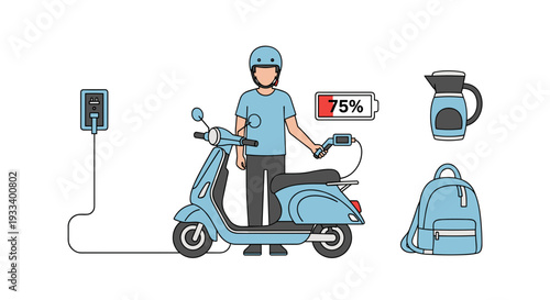 A man in a helmet charges a retro electric scooter at a charging station, with a battery percentage icon, a water bottle, and a backpack nearby, symbolizing sustainable urban commuting.