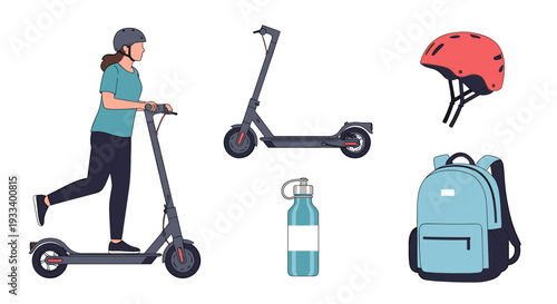 A woman rides an electric scooter alongside another scooter, with a helmet, water bottle, and backpack nearby, illustrating modern, eco-friendly urban mobility and active lifestyle.
