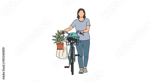 A woman stands gracefully with her bicycle, which features a basket holding a potted plant and a reusable bag, embodying an eco-friendly and active urban lifestyle.