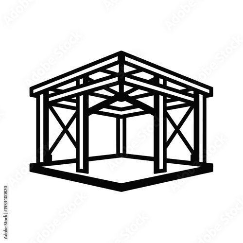 Vector outline of a wooden frame. It's for an outdoor gazebo, pergola, or pavilion. Shows posts, beams, roof. For DIY builders and landscape design. Creates durable, aesthetic outdoor living spaces fo