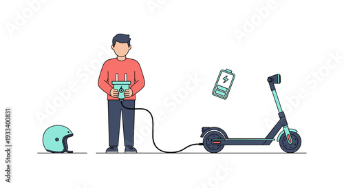 A man is diligently charging an electric scooter, holding the charger, with a battery icon floating nearby and a safety helmet resting on the ground, highlighting sustainable personal transport.
