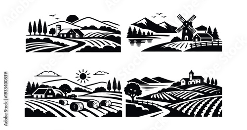 Countryside and farm scenes vector art in black and white silhouette, showing rural landscapes with fields, houses, and nature elements