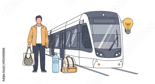 A happy man stands holding a leash attached to his friendly dog, with a full food bowl and a dog house depicted beside them in a clean illustration.