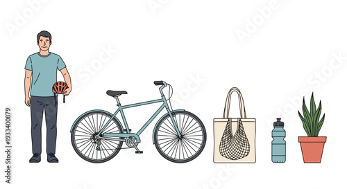 A man is standing next to a bicycle and several sustainable items, including a reusable bag, a water bottle, and a potted plant, promoting an eco-conscious lifestyle.