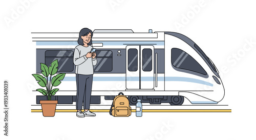 A relaxed young woman stands on a train platform, looking at her phone, with her backpack, water bottle, and a potted plant nearby.
