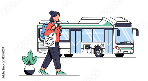 A young woman with a backpack and an ecological tote bag is walking in an urban setting near a public bus and green plant.