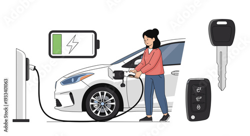 A woman is attentively charging her white electric car at a public charging station, with an empty battery icon and car keys nearby.