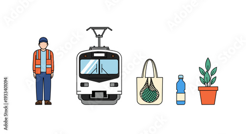 A man in a high-visibility vest stands next to a tram, with a tote bag, water bottle, and plant, symbolizing urban sustainable transport.