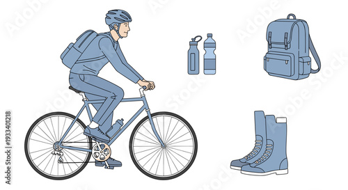A man cycles while wearing a helmet and backpack, accompanied by two water bottles and a pair of boots, illustrating preparedness for an outdoor cycling adventure or commute.