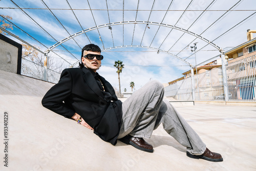 Concepts of personality, pride, Generation Z. Low-angle profile view of a non-binary Caucasian adult lying on a ramp at a skate park.