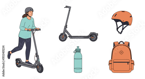 A woman rides an electric scooter, with a helmet, a backpack, and a water bottle, showcasing modern urban commuting and personal mobility options with essential accessories.