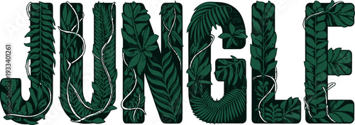 The word "JUNGLE" is creatively designed using various green leaves and vines. Each letter is filled with lush botanical elements that evoke a dense rainforest atmosphere. 
