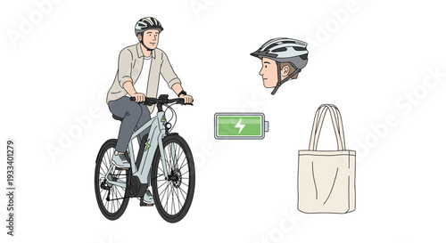 A man wearing a helmet is riding an electric bicycle with a battery icon, alongside a canvas tote bag, promoting eco-friendly urban mobility and sustainable commuting choices.