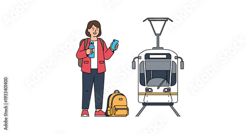 A young woman with a backpack holds a smartphone and a water bottle, standing beside a modern tram, ready for her urban journey.