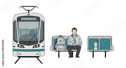 A man sits comfortably on a bench at a tram stop next to his backpack and water bottle, awaiting the arrival of a modern tram.