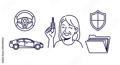 An elderly woman smiling brightly while holding car keys is surrounded by icons representing vehicle ownership, driving, safety, and important documents.