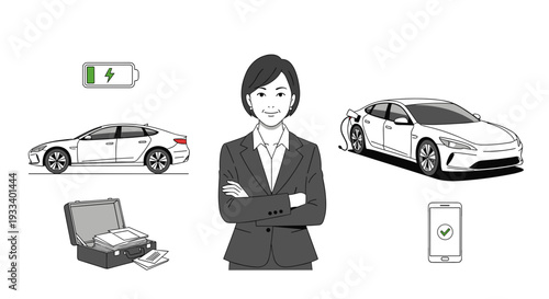 A confident businesswoman with folded arms is depicted amidst elements of sustainable transport and smart finance, including electric cars and digital assets.