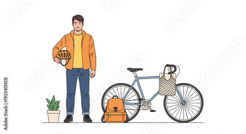 A stylish young man holding a bike helmet stands next to his bicycle, which carries a reusable shopping bag, with a small potted plant and an orange backpack nearby.