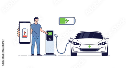 A man uses his smartphone to manage the charging of his white electric vehicle at a station, demonstrating modern smart technology.