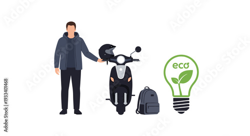 A young man stands beside an electric scooter holding a helmet, accompanied by a backpack and a glowing eco-friendly lightbulb symbol.