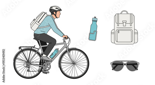 A man wearing a helmet and backpack rides his bicycle, ready for a commute or adventure with essential gear and hydration.