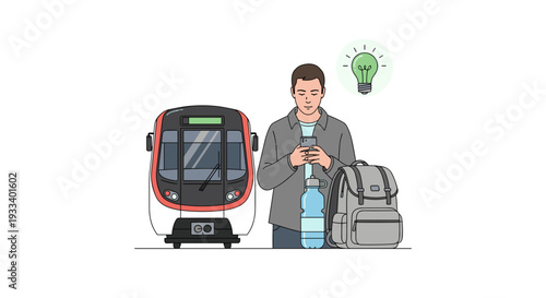 A young man stands composedly by a train, engrossed in his smartphone, with a backpack, water bottle, and a bright lightbulb symbolizing ideas or eco-travel.