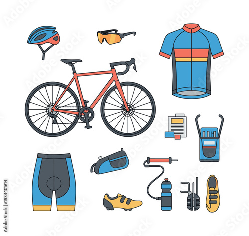 Cycling equipment collection displaying a red road bike, sports apparel, safety gear, and accessories for athletes and enthusiasts
