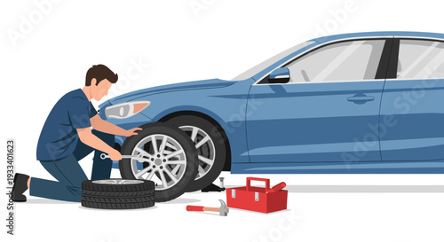 A male mechanic is diligently changing a flat tire on a blue car by the roadside, with tools laid out ready for the task.