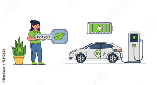 A woman holds an "Eco Car" key featuring a leaf design, standing near a plant, an electric car charging, and a green battery icon.