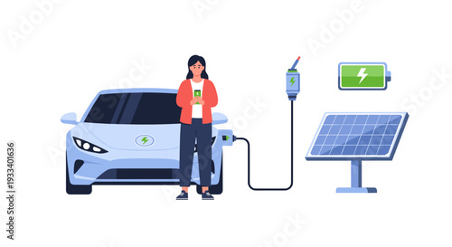 A woman charges her white electric car, powered sustainably by an adjacent solar panel, with a green battery icon symbolizing clean energy.