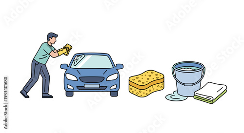 A man washes a blue car with a sponge, next to a sponge, a bucket, and a towel, demonstrating personal car care and cleaning.