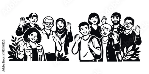 Diverse group of people from different backgrounds waving hands, showing inclusion, community, unity, friendship, and diversity