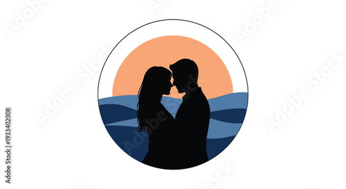 Couple Silhouette in Romantic Pose with Warm Sunset Colors in Circular Frame for Love