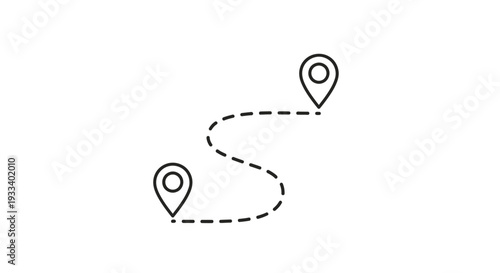 Navigating through a winding path with two location markers and a dashed line