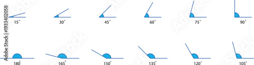 15 to 180 degree angle icons. geometric angles  15, 30, 45, 60, 75, 90, 105, 120, 135, 150, 165, 180 degrees