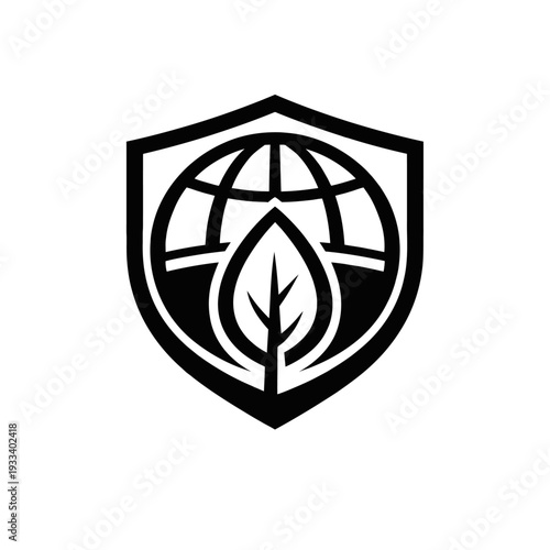 Global Environmental Protection Shield Logo: Emblem for Earth conservation, ecological security, and sustainable planet initiatives. Symbolizes nature's defense, green living, and global ecological re