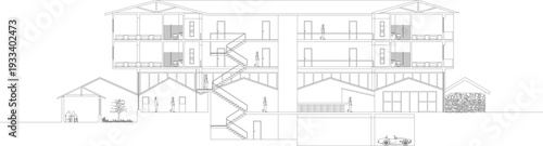 Technical architectural elevation showing multi-story residential complex with two building blocks connected by zigzag exterior staircases, balconies and human figures for scale.