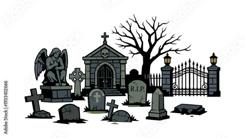 Graveyard composition showing gothic gates, various tombstones, a praying angel, and a crypt, perfect for Halloween themes