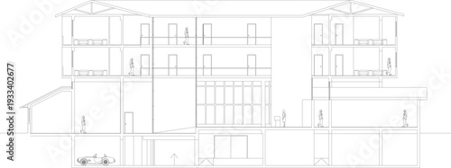 Technical architectural cross-section showing multi-story residential building with interior spaces, human figures for scale, multiple floors, rooms and structural elements.