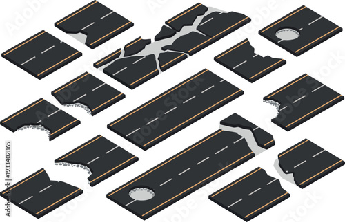 This set shows various pieces of an asphalt road in an isometric perspective. Some sections are smooth and perfect, while others feature deep cracks and dangerous potholes.