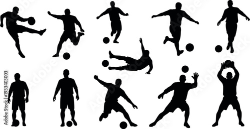 Silhouette illustrations of soccer players in various actions