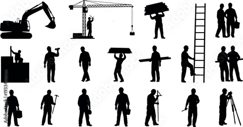 Construction workers and equipment silhouette icons