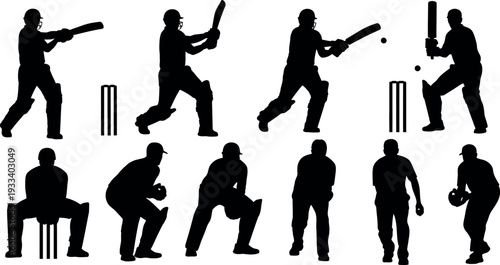 Cricket player silhouettes in various positional stances