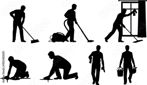 Silhouette illustrations of janitorial and cleaning services