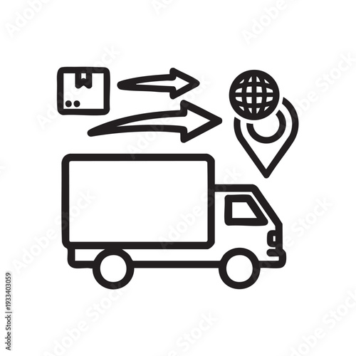 Delivery truck navigating through global logistics and transportation network with location tracking