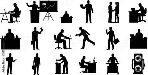 Silhouette illustrations of business professionals in various office settings and activities